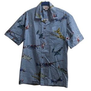 Vintage Warplanes Hawaiian Medium Button Down Cotton Shirt Hawaii Blue Pacific